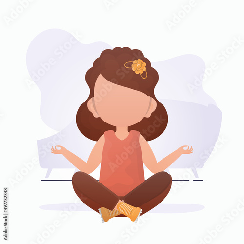 Little girl is meditating. Cute yoga, mindfulness and relaxation. Cartoon style.