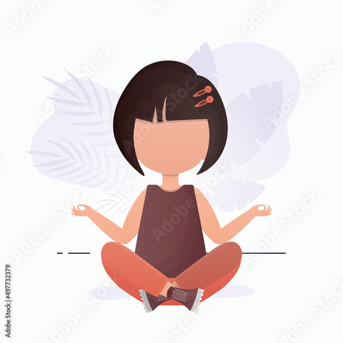 Little girl is meditating. Cute yoga, mindfulness and relaxation. Vector.