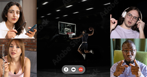 Collage. Young people watching basketball video call translation, giving comments photo