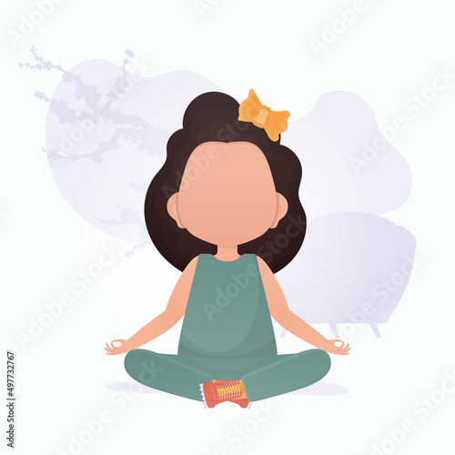 Little girl is meditating. Yoga kids. Vector illustration in cartoon style.