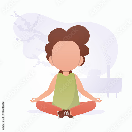 Little girl is doing yoga. Children's meditation. Cartoon style.