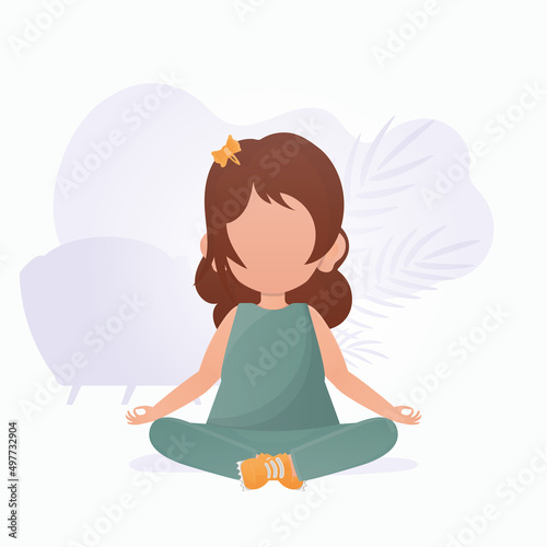 Little girl is doing yoga. Children's meditation. Vector illustration in cartoon style.
