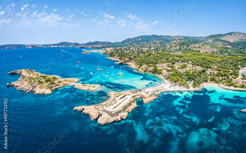 Fototapeta Naklejka Na Ścianę i Meble -  Aerial view of the sea coastline and Cala Xinxell,  Illetas, Mallorca island, Spain