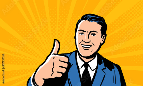 Smiling confident businessman with thumbs up gesture. Successful man, best choice retro pop art vector illustration
