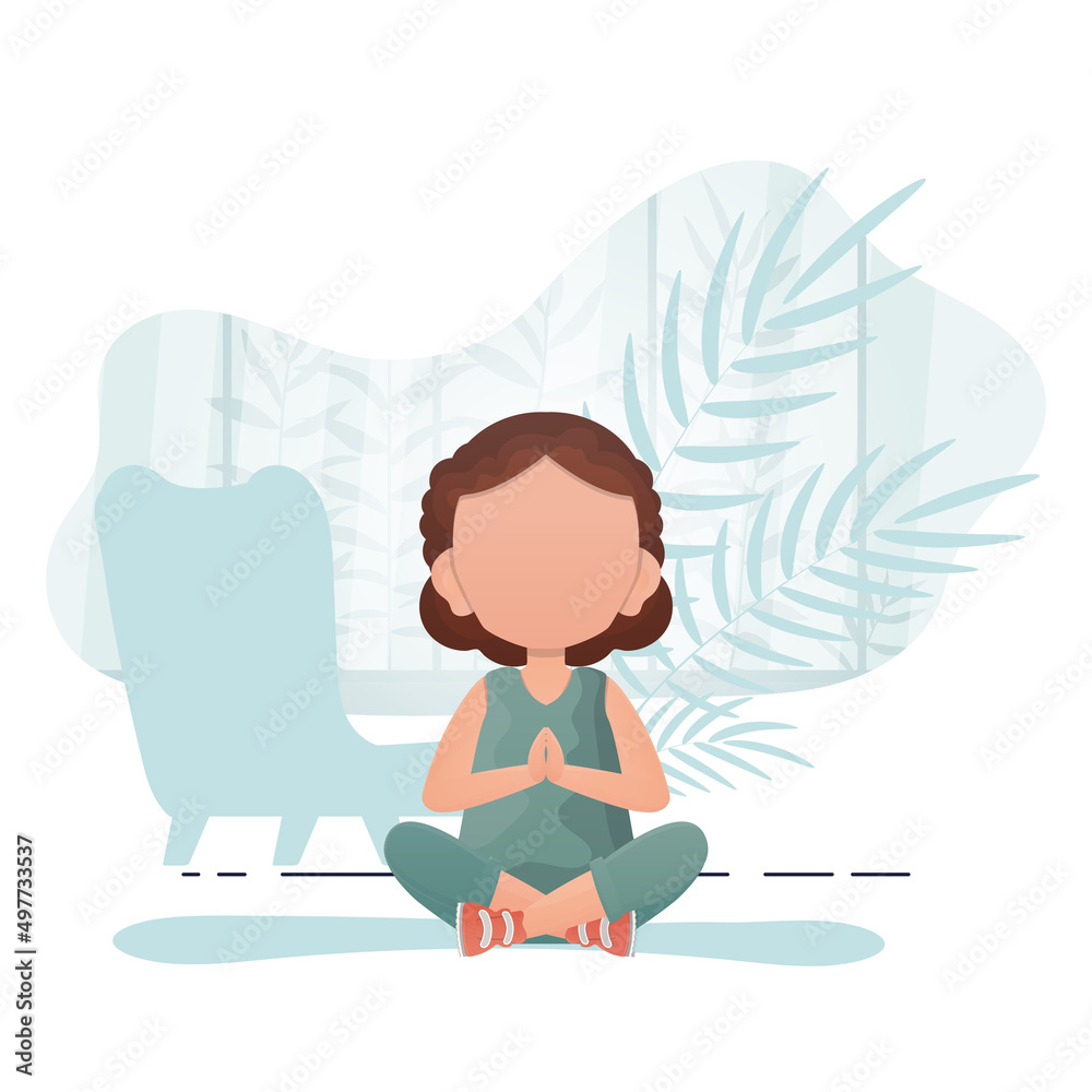 Little girl sits in the lotus position. Children's meditation. Vector. Little girl sits in the lotus position. Children's meditation. Vector.