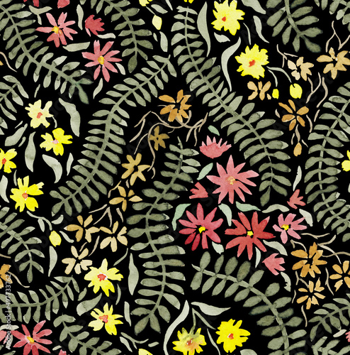 Floral seamless pattern painted in watercolor. Background with watercolor flowers and leaves in Doodle style