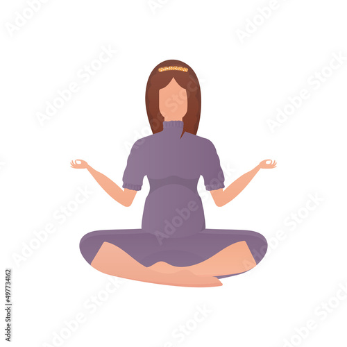 A woman sits in the lotus position. Isolated. Cartoon style.