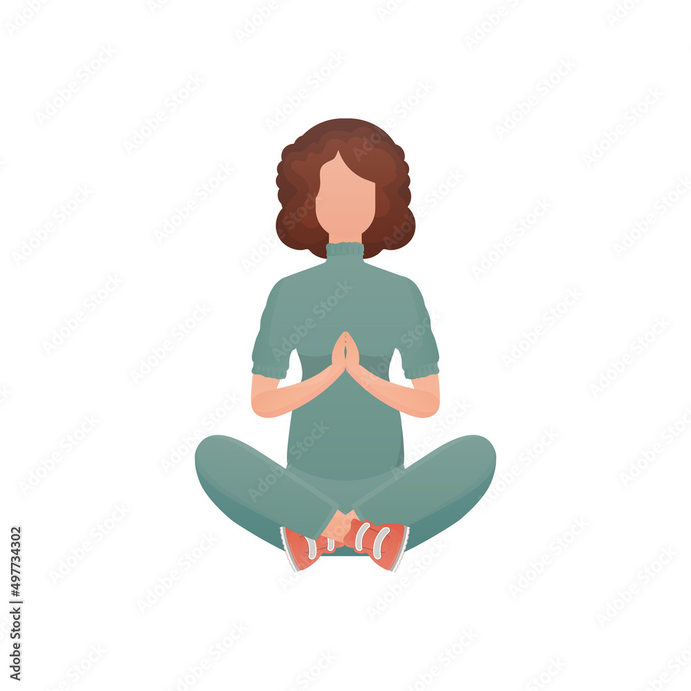 A woman sits in the lotus position. Isolated. Vector illustration in cartoon style.