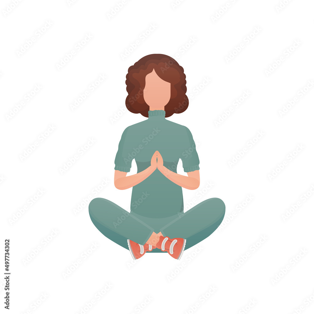 A woman sits in the lotus position. Isolated. Vector illustration in cartoon style. A woman sits in the lotus position. Isolated. Vector illustration in cartoon style.