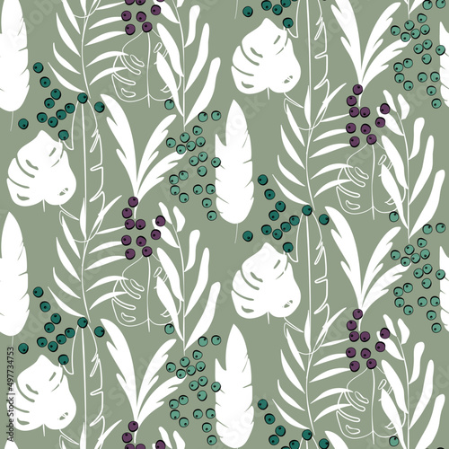 Vector seamless half-drop pattern, with leaves and hackberry