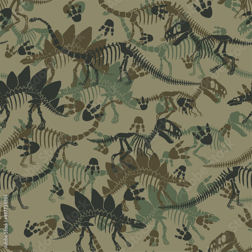 Camouflage vector pattern with dinosaur skeleton. 