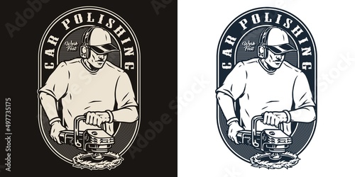 Man with grinding tool label