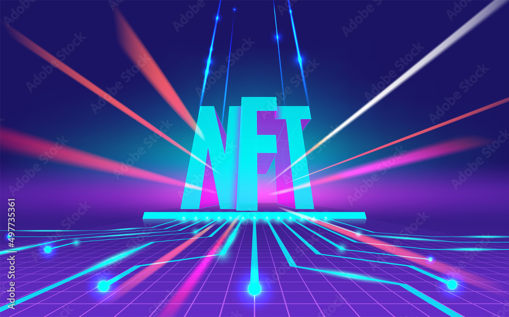 Vector illustration with NFT typography, rays on blue background. Concept of non-fungible tokens, digital items for crypto art, gaming, collectible and blockchain technology for infographics, banner. - obrazy, fototapety, plakaty 