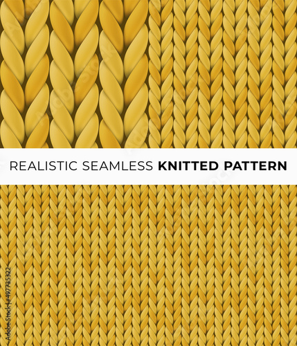 Yellow realistic merino wool fabric. Seamless detailed knitted pattern. Vector illustration with closeup texture for wallpaper, background, web page backdrop, wrapping paper, winter design, postcard.
