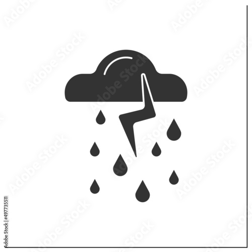 Storm glyph icon. Heavy rain with lightning and thunder. Thunderstorm with thunder clouds. Bad weather. Weather concept.Filled flat sign. Isolated silhouette vector illustration