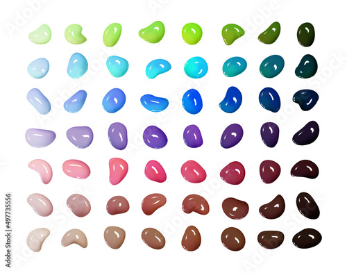 Realistic vector 3D shapes isolated on white background.Mega Set of glossy multicolored drops of paint or varnish