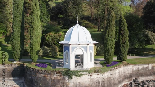 Small temple on Lake Como in Bellagio aerial view from the lake.