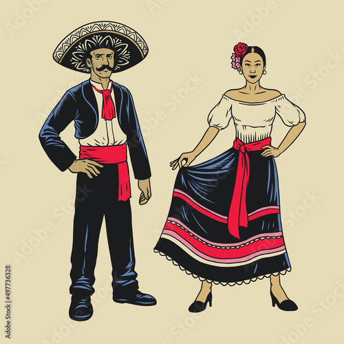 Vintage hand drawn of Couple Traditional Mexican