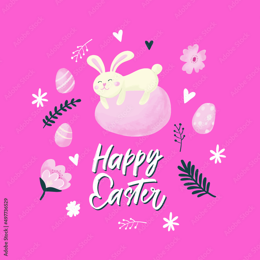 Happy Easter lettering with Easter bunny ears and egg. Happy Easter lettering with Easter bunny ears and egg.