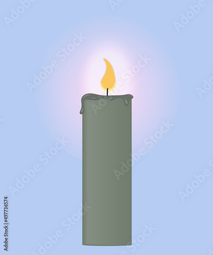 Realistic burning candle isolated on light blue background. Realistic candle flame. Vector illustration.