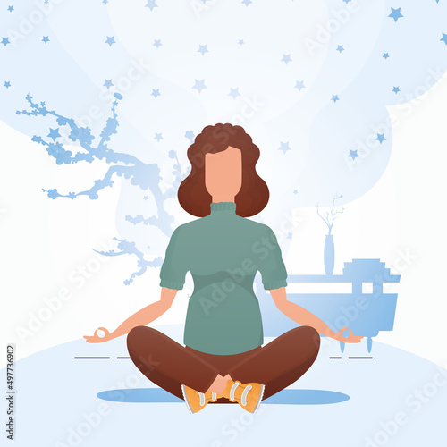 Woman doing yoga. The concept of calm and tranquility. Cartoon style.