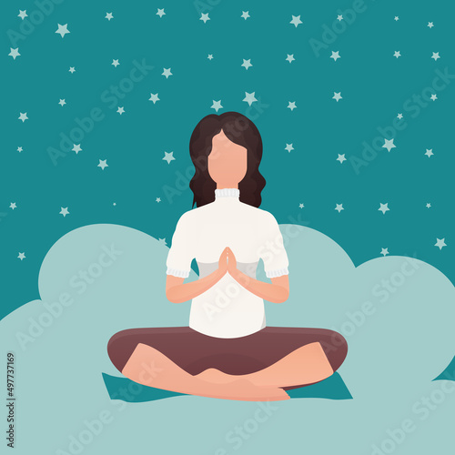 Woman doing yoga in lotus position. The concept of calm and tranquility. Cartoon style.