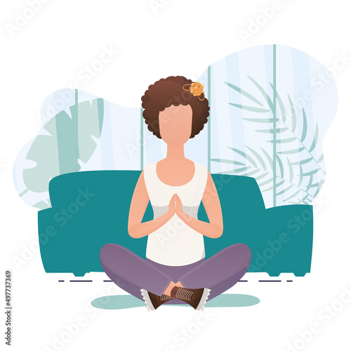 The girl is sitting in the lotus position. Healthy lifestyle concept. Vector.