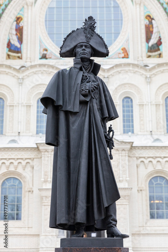 Russia. Saint-Petersburg. Monument to Admiral Fyodor Ushakov in front of the Kronstadt Stavropol St. Nicholas Naval Cathedral.