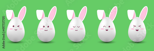 Happy Easter. Kawaii rabbit body 3d egg with various expressions of emotions laughter, calmness, winking, friendliness, begging, naivety,  happiness, charm, embarrassment. On a green background.