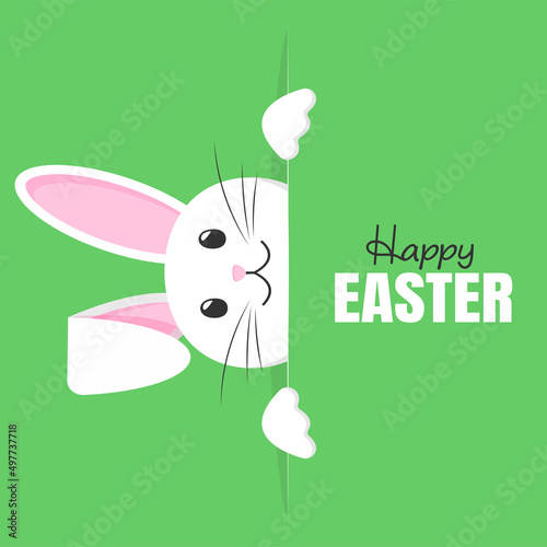 Happy Easter. Vector card with cute smiling rabbit . The rabbit peeking from left side. Easter Bunny on an green background. The concept of a greeting card. Christ is risen. 