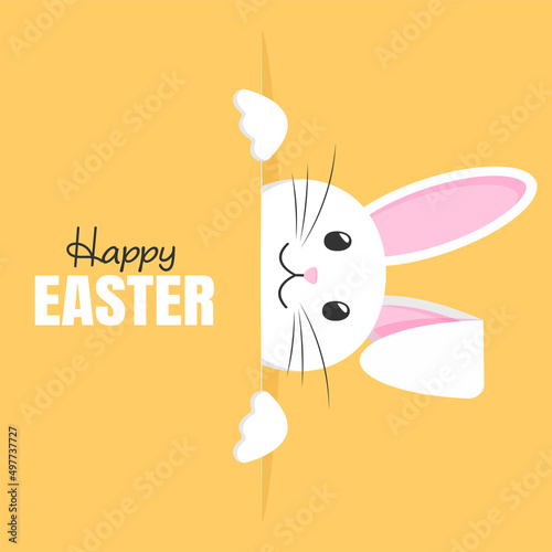 Happy Easter. Vector card with cute smiling rabbit . The rabbit peeks out from the right side. Easter Bunny on an yellow background. The concept of a greeting card.