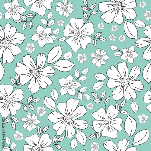 Seamless vintage pattern. White flowers and leaves . Light turquoise  background. vector texture. fashionable print for textiles  wallpaper and packaging.