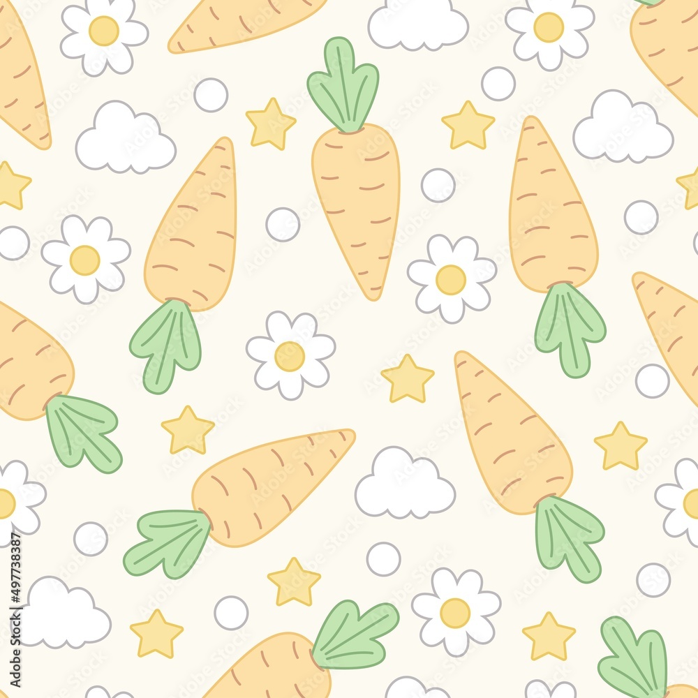 Seamless pattern of carrots with flowers, stars, clouds and dots.