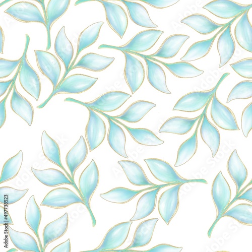 Floral decorative pattern with simple illustrations, twigs with green and blue gradient, outline of gold sequins