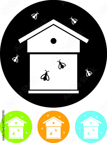 Honey bees around the hive in the apiary. Beehive vector icon isolated