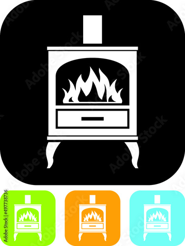 Burning oven. Pizzeria logo. Vintage kitchen stove with fire vector icon
