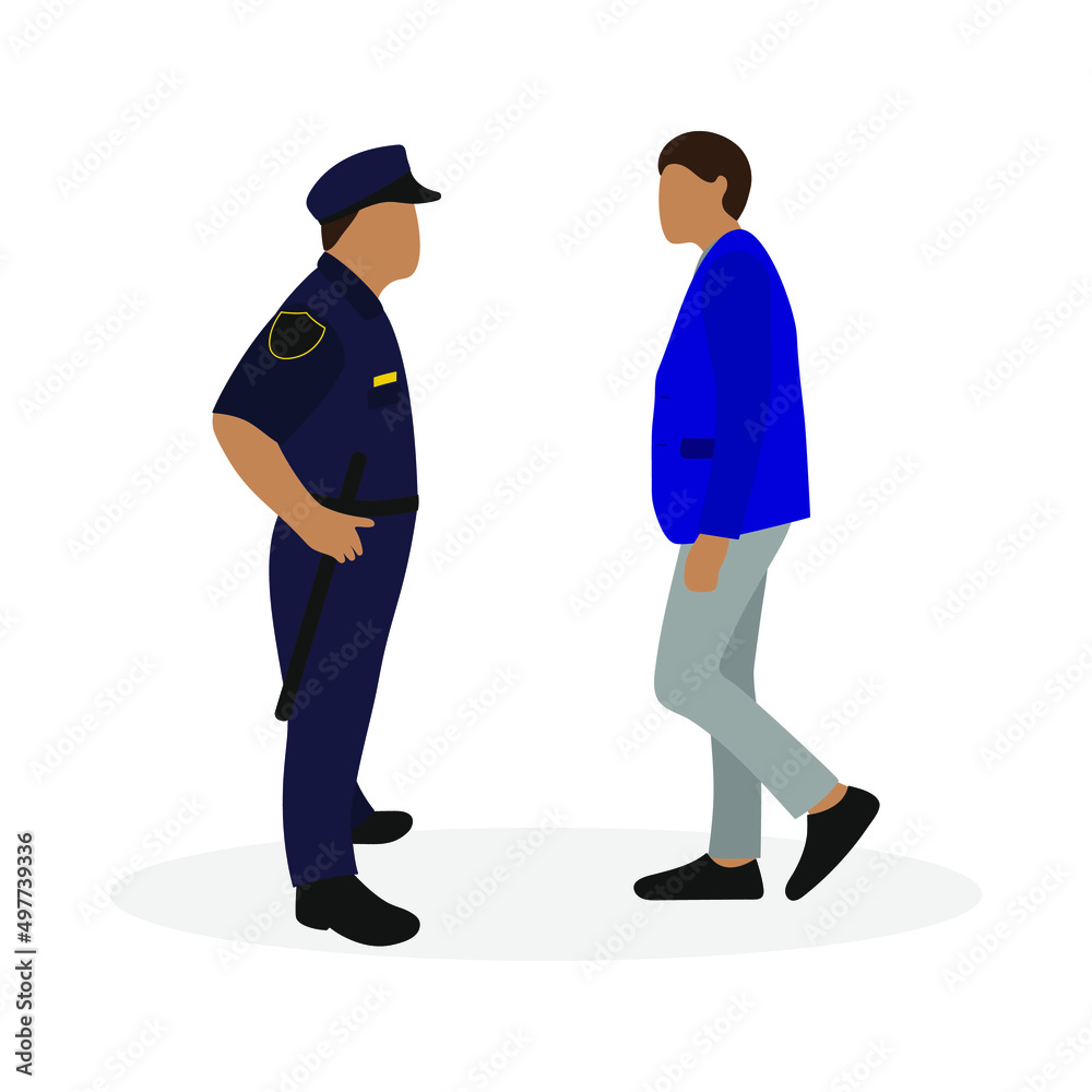 Policeman in uniform and male character together on white background Policeman in uniform and male character together on white background