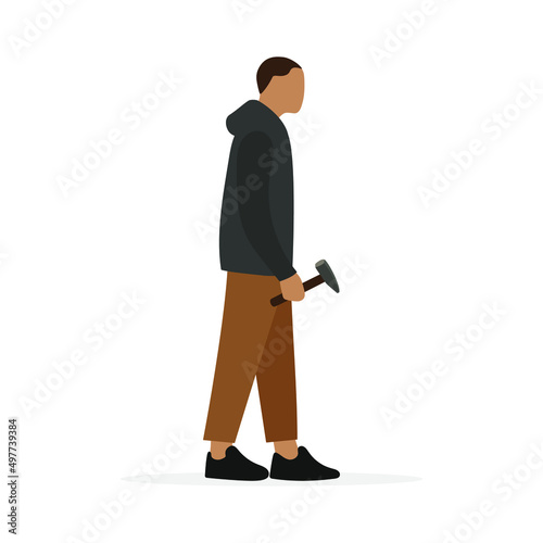 Male character with a hammer in his hand stands on a white background