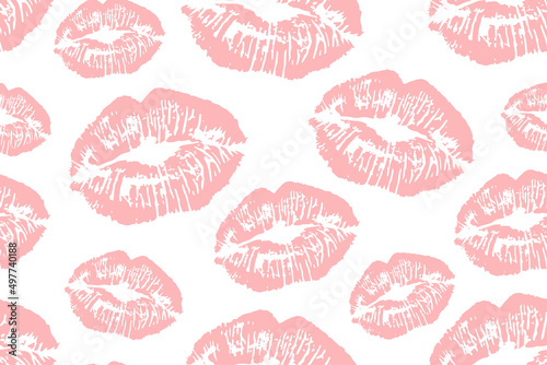 Seamless Pattern with pink Lips. Lip Prints on a white background. Seductive Pattern for fabric, packaging, paper.