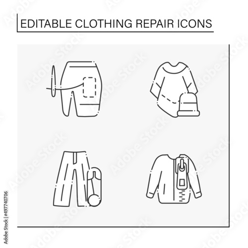 Clothing repair line icons set. Correct and trim length in mini skirt, macho poncho, palazzo trousers, bomber jacket. Fashion concept. Isolated vector illustrations. Editable stroke