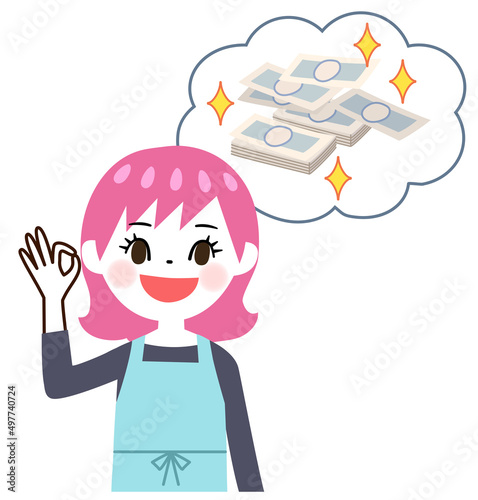 OKサインを出す若いママとお金