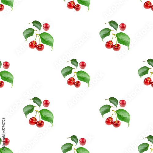 Pattern of sweet cherry berries with green leaves on a white background.
