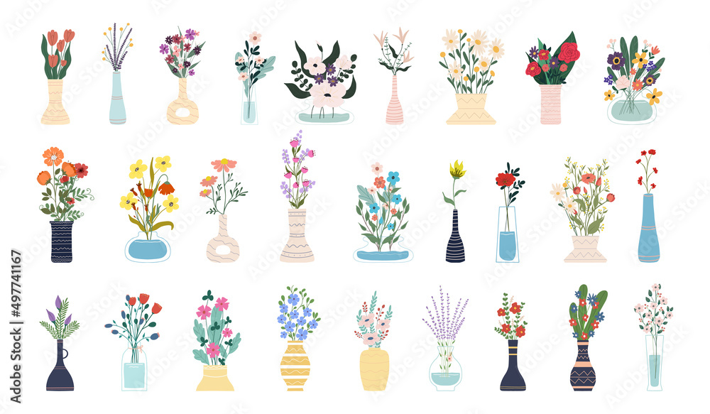Collection of blooming flowers in vases and bottles isolated on white background. Set of decorative floral design elements. Flat cartoon vector illustration. Collection of blooming flowers in vases and bottles isolated on white background. Set of decorative floral design elements. Flat cartoon vector illustration.