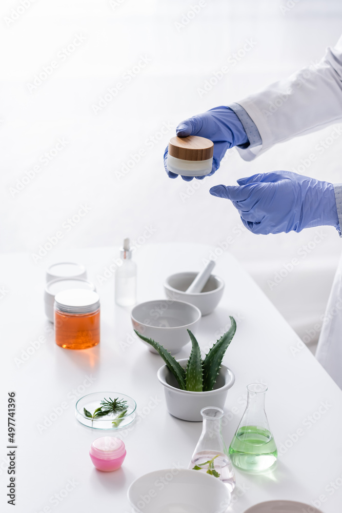 partial view of laboratory assistant in latex gloves holding container with cream near aloe and cosmetic ingredients in lab. partial view of laboratory assistant in latex gloves holding container with cream near aloe and cosmetic ingredients in lab.