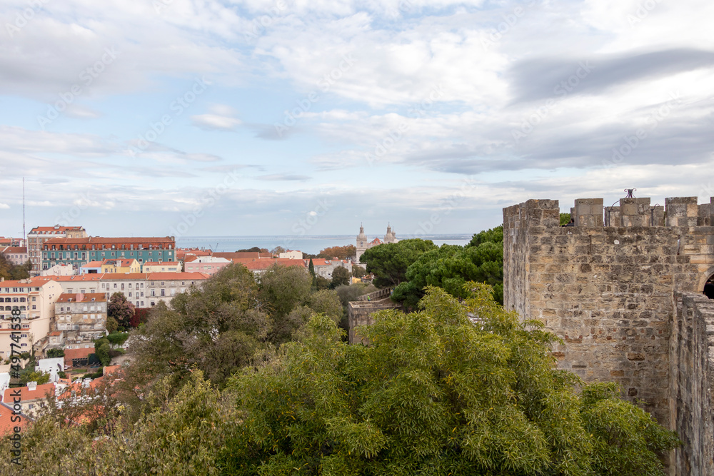 Walls of the Saint George Castle a historic castle in the Portuguese capital of Lisbon, Portugal, Europe