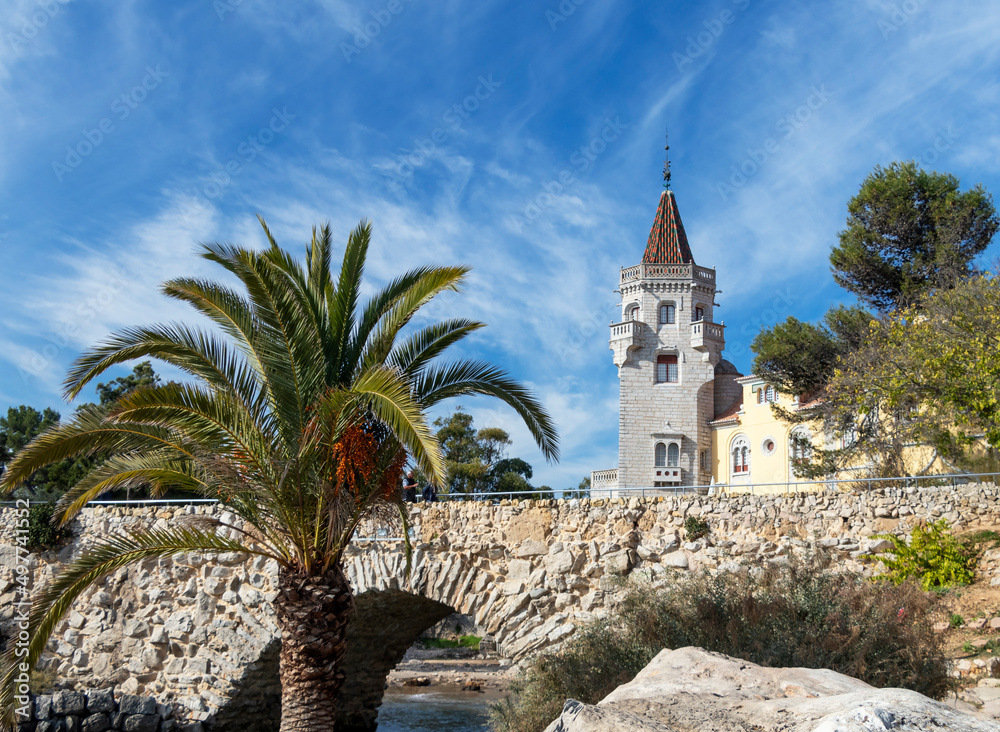 Cascais viewpoint, sightseeing in holiday destination of the Lisbon coastline, portuguese fishing town and tourist attraction, Portugal,