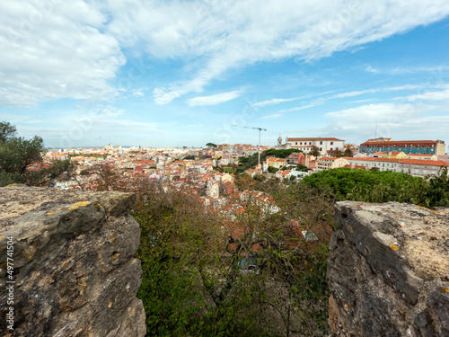 Ramparts, Defensive Walls And Towers In São Jorge Castle or Saint George Castle) overlooking the center of Lisbon, Portugal, Europe
