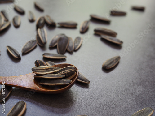 Sunflower seeds in wooden spoon on cement.