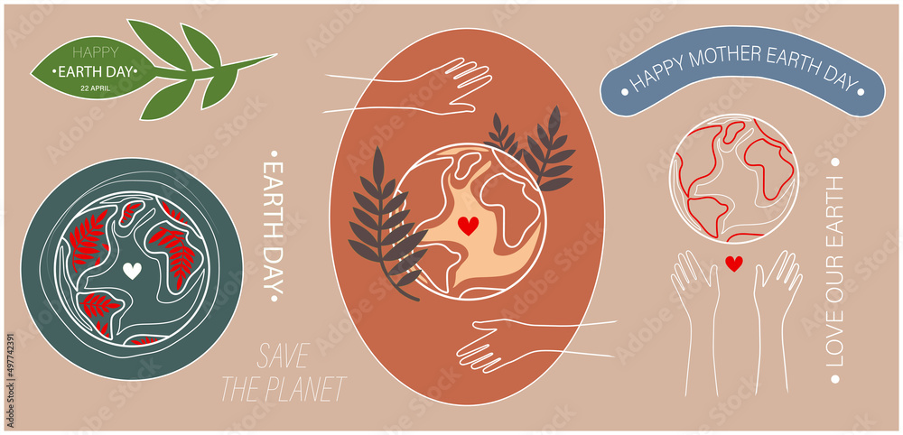 Happy Mother Earth Day Set of  illustration with love and hands. The concept of caring for mother nature. Ecological problems and environmental protection. Caring for nature. stickers set