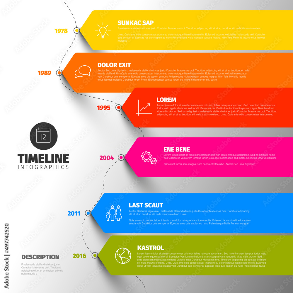 Colorful vertical timeline infographic with big arrows
